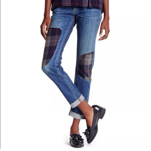 Rag & Bone the Dre Blue Denim & Plaid Flannel Patchwork Jeans Tapered Leg sz 26 - Picture 1 of 15